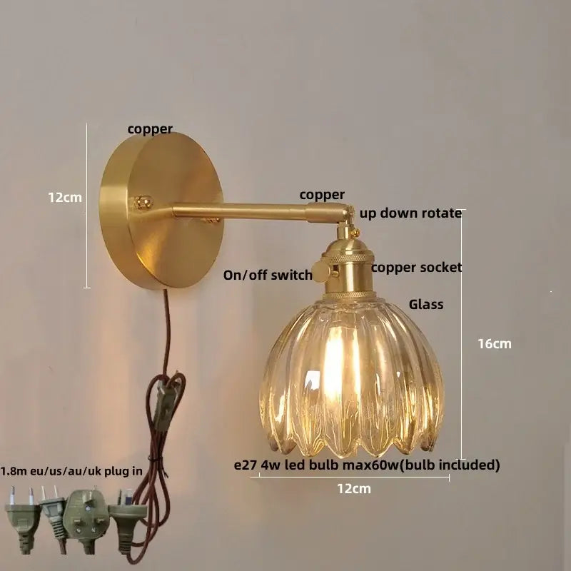 Brass-finished nordic wall lights with faceted clear glass shade for bedroom decorbites clear glass sconce
