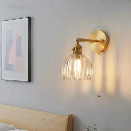 Nordic brass faceted clear glass wall lights with gold finish and pull chain ideal for bedroom decorbites clear glass