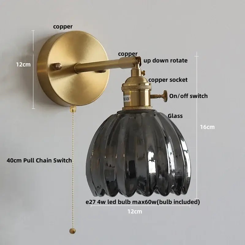 Vintage-style bedroom wall lights with brushed copper finish and dark ribbed glass shade decorbites clear glass design