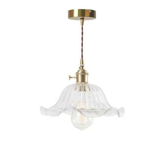 Nordic brass glass flounce led pendant light with ruffled clear glass and twisted brown cord for dining room lighting