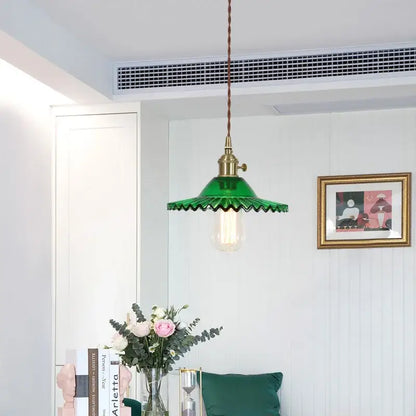Green glass flounce led pendant light with brass fixture and twisted copper cord for dining room illumination