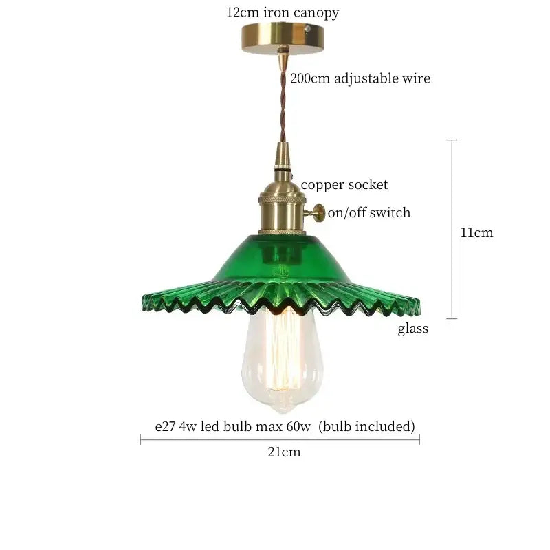 Green glass flounce led pendant light with scalloped design and brass metal for nordic dining room lighting