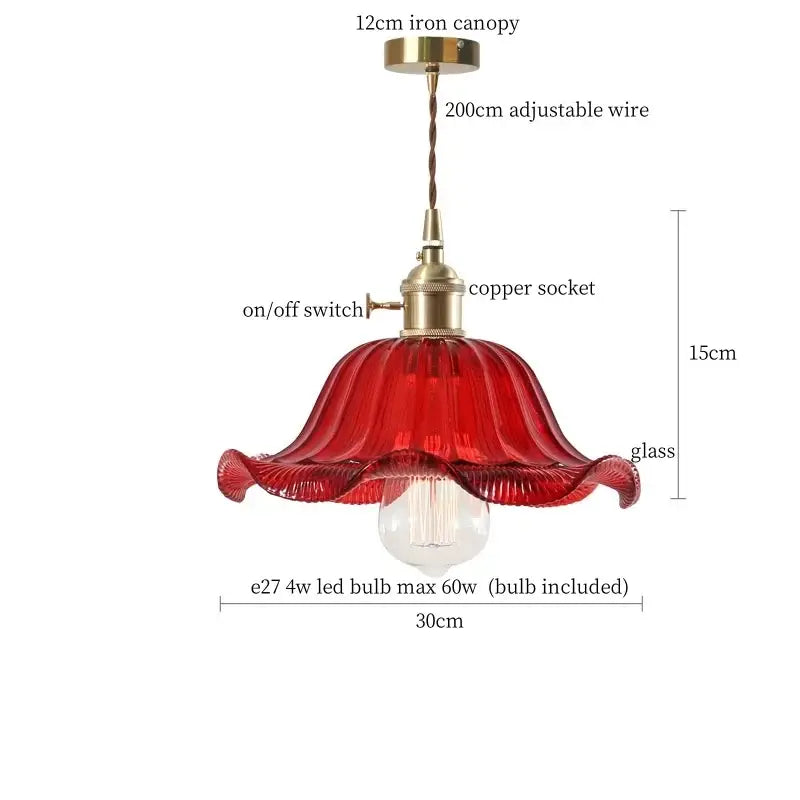 Red glass flounce led pendant light with brass-finished metal components for dining room illumination