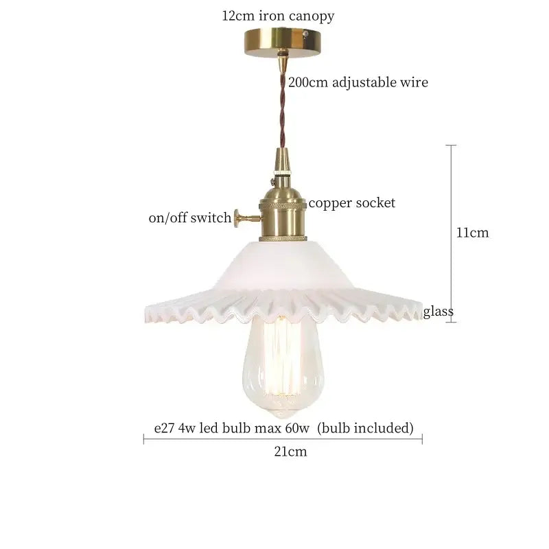 Nordic brass glass flounce led pendant light with white scalloped glass shade and adjustable brass iron canopy for dining room