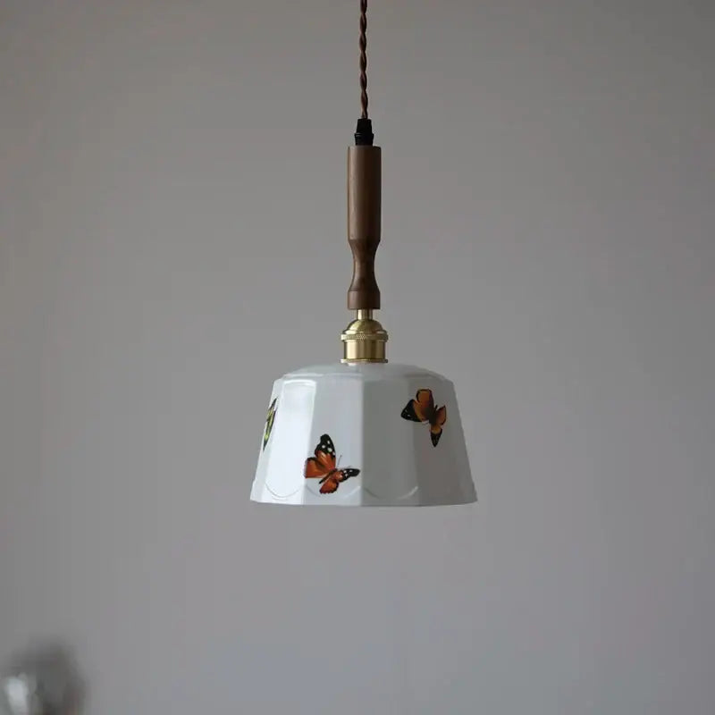 Nordic brown wood led pendant light with white ceramic butterfly decorbites brown wood for dining room decor