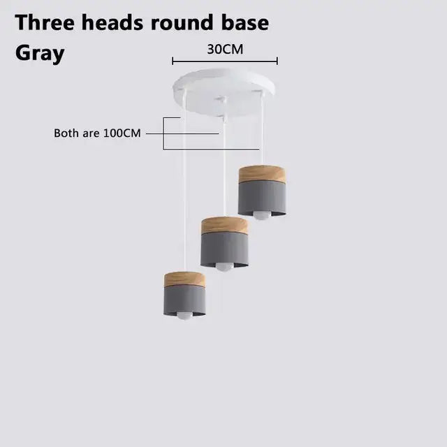 Gray three-head pendant lights with wooden tops and cylindrical shades for decorbites colorful wood iron living room decor