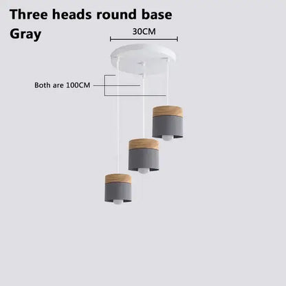 Gray three-head pendant lights with wooden tops and cylindrical shades for decorbites colorful wood iron living room decor