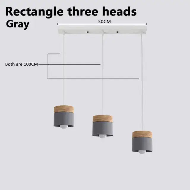 Gray rectangular three-head pendant lights with colorful wood iron accents and 100cm length for living room decorbites decor