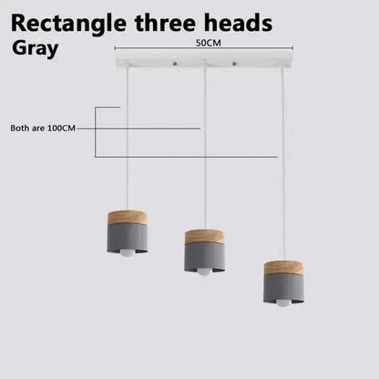 Gray rectangular three-head pendant lights with colorful wood iron accents and 100cm length for living room decorbites decor