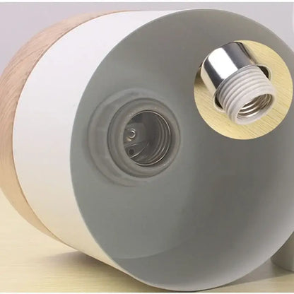 Modern cylindrical pendant lights with matte gray white body natural wood grain and exposed metallic screw base for decorbites colorful wood iron living room decor