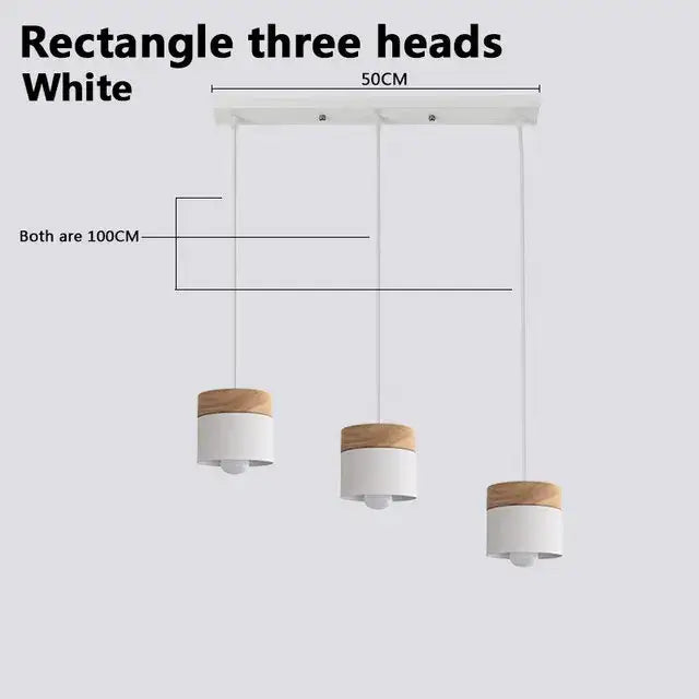 White rectangular ceiling fixture with three pendant lights featuring colorful wood iron tops and white ceramic bodies for decorbites colorful wood living room decor