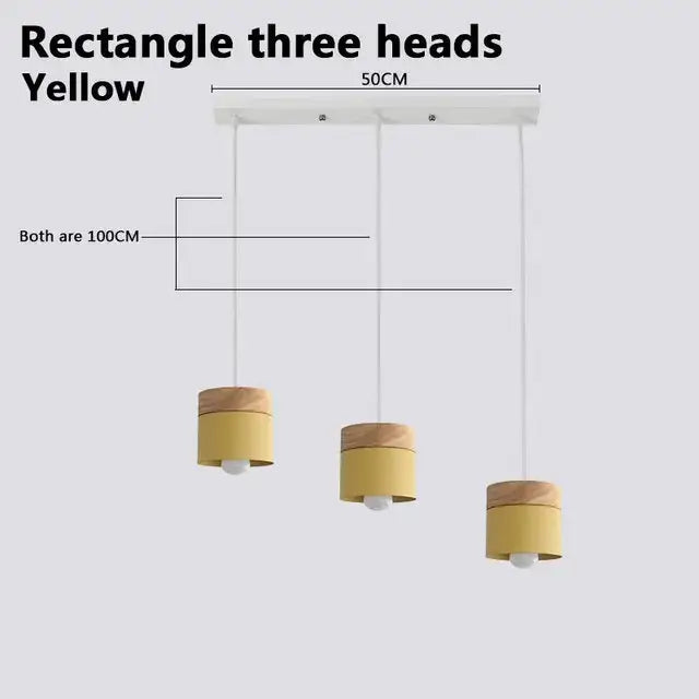 Yellow rectangular three-head pendant lights with wooden accents colorful wood iron decorbites pendant lights for living room decor