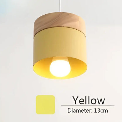 Yellow cylindrical pendant light with wooden top and metal body 13cm diameter nordic colorful wood iron decorbites pendant lights