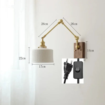 Nordic copper wall lamp with brass finish adjustable arm white ceramic shade and wood backplate for bedroom decorbites copper wall lamp