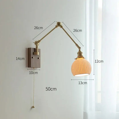 Brass-finished adjustable wall lamp with ribbed amber glass shade and wood backplate for bedroom decorbites copper wall lamp