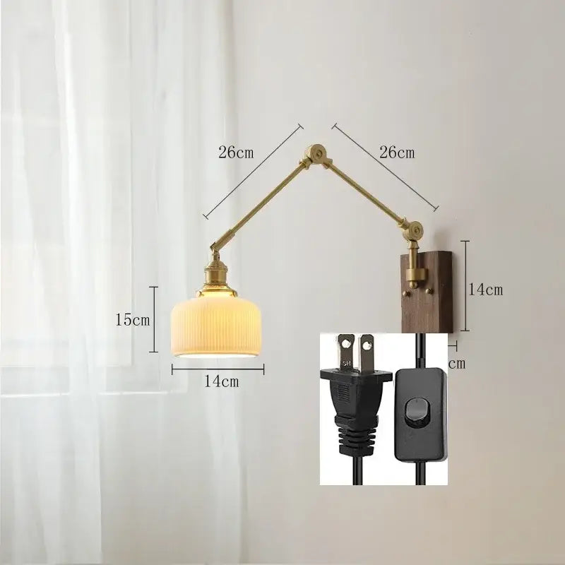 Brass-finished adjustable copper wall lamp with ribbed cream glass shade and wooden base for bedroom decorbites copper wall