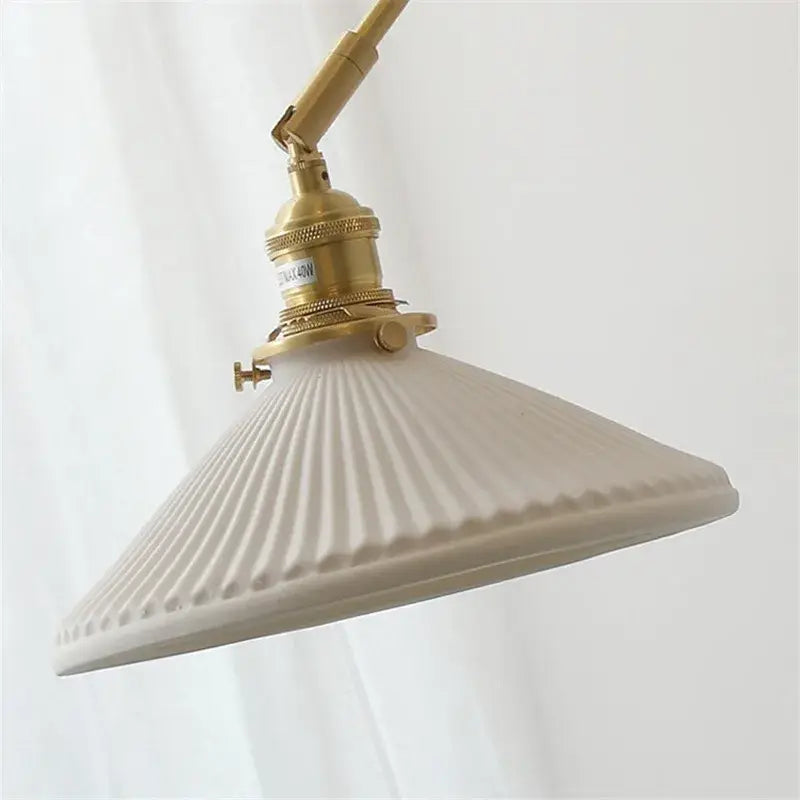 Cream-colored ribbed glass lampshade with brass fixture on nordic copper wall lamp with wood backplate for bedroom decorbites copper wall