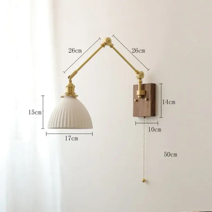 Vintage-style nordic copper wall lamp with cream ribbed glass shade brass arms and wooden backplate for bedroom decorbites copper wall