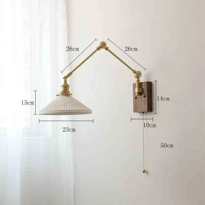 Nordic copper wall lamp with brass-finished articulated arm, cream ribbed glass shade, and wooden mounting plate for bedroom decorbites copper wall lamp