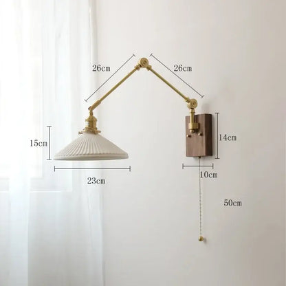 Nordic copper wall lamp with brass-finished articulated arm, cream ribbed glass shade, and wooden mounting plate for bedroom decorbites copper wall lamp