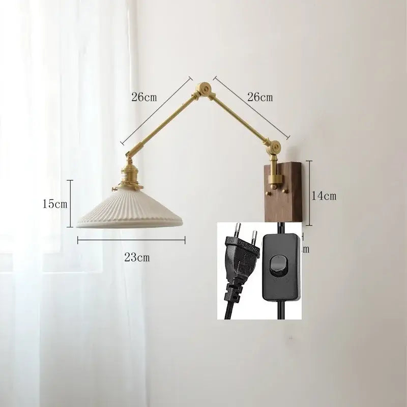 Nordic copper wall lamp with wood backplate featuring a vintage brass articulated arm and cream ribbed glass shade wall lamp decorbites copper wall