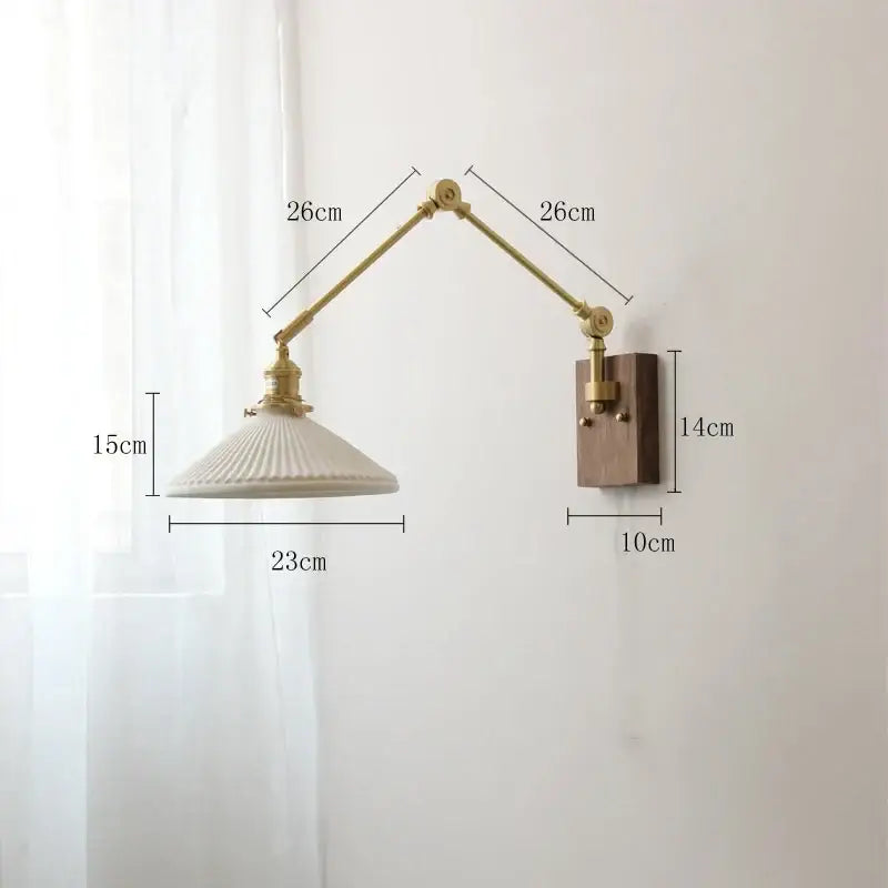 Nordic copper wall lamp with wood backplate featuring a brass articulated arm and cream ribbed glass shade for bedroom decor