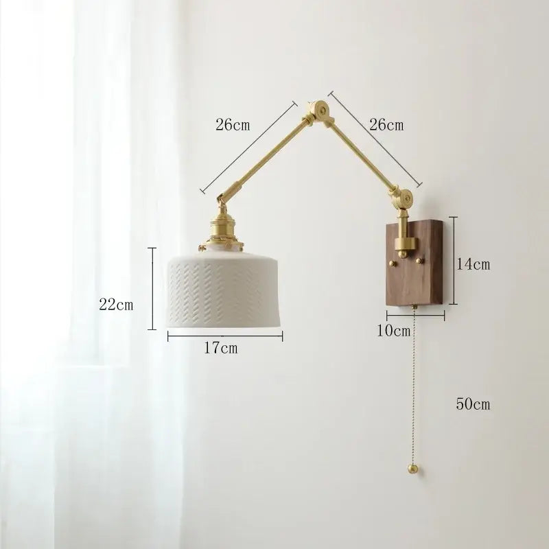 Nordic copper wall lamp with white ceramic textured shade on adjustable brass arm and wood backplate for bedroom decorbites copper wall