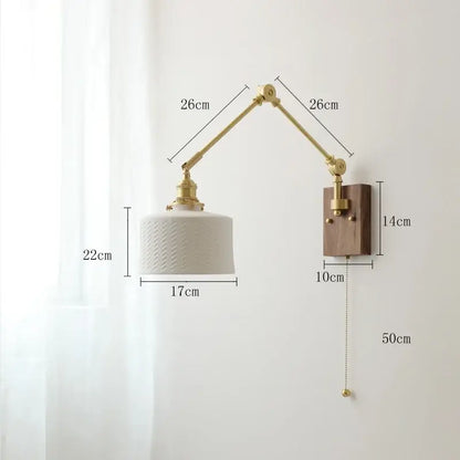 Nordic copper wall lamp with white ceramic textured shade on adjustable brass arm and wood backplate for bedroom decorbites copper wall