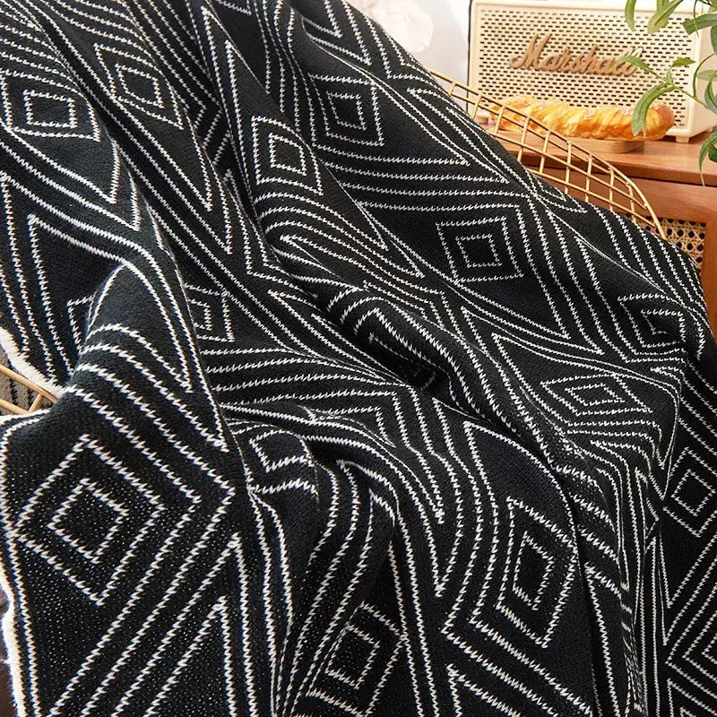 Black knitted woolen blanket with bold white geometric pattern for living room decorbites grey knitted throw