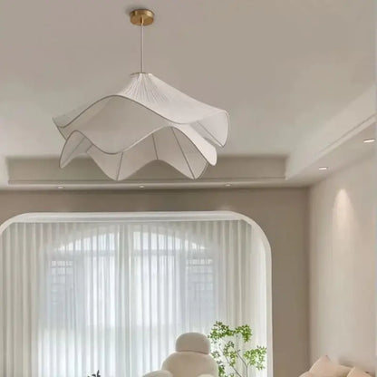 Nordic cream fabric led pendant light with delicate ruffled petals and gold-toned ceiling fixture decorbites cream fabric