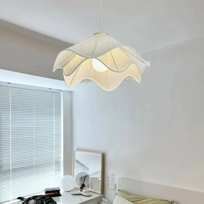 Nordic cream fabric led pendant light with delicate off-white petal design for elegant bedroom decorbites cream fabric