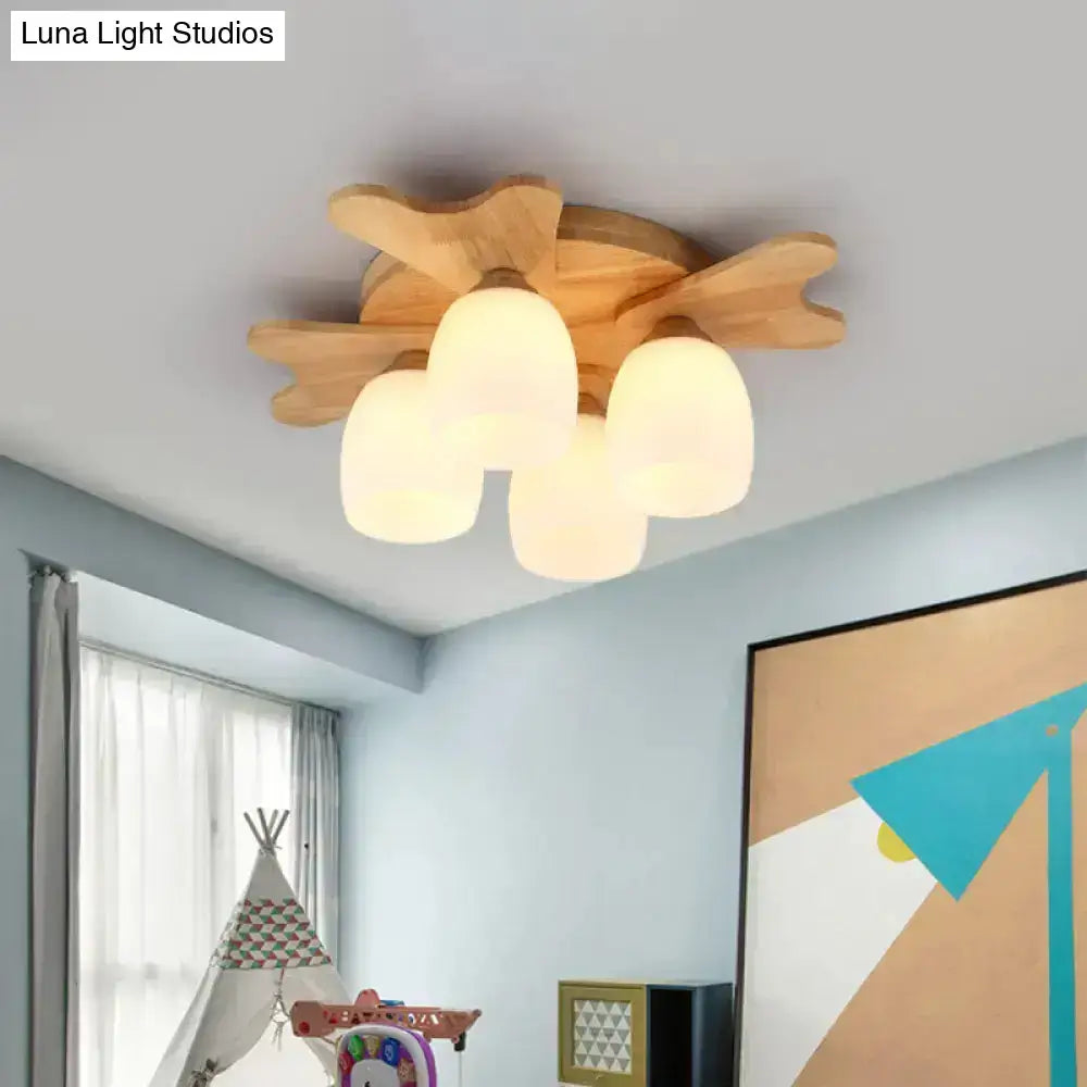 Wooden cloud-shaped ceiling light with three cream glass bell frosted shades for Nordic bedroom decor