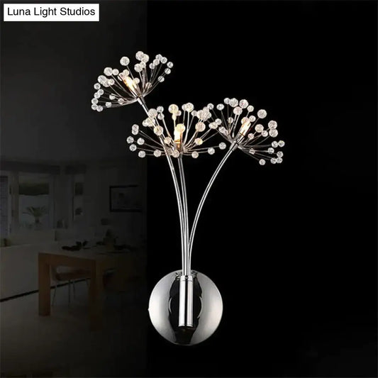 Chrome finished nordic creative crystal flower wall lamps with three clear crystal bead clusters for bedroom lighting