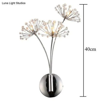 Chrome finished nordic creative crystal wall lamp with three dandelion clear crystal flower clusters for bedroom