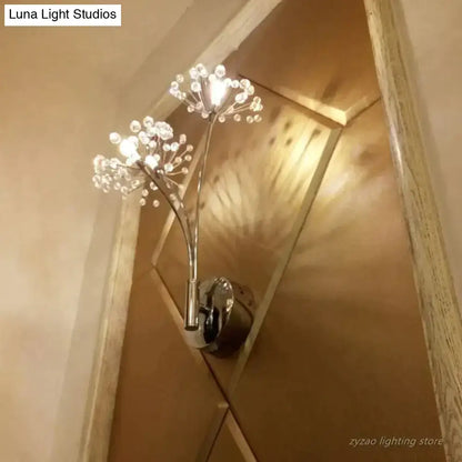 Silver-toned nordic creative crystal wall lamp with spherical accents in a flower-inspired branching design for bedroom use
