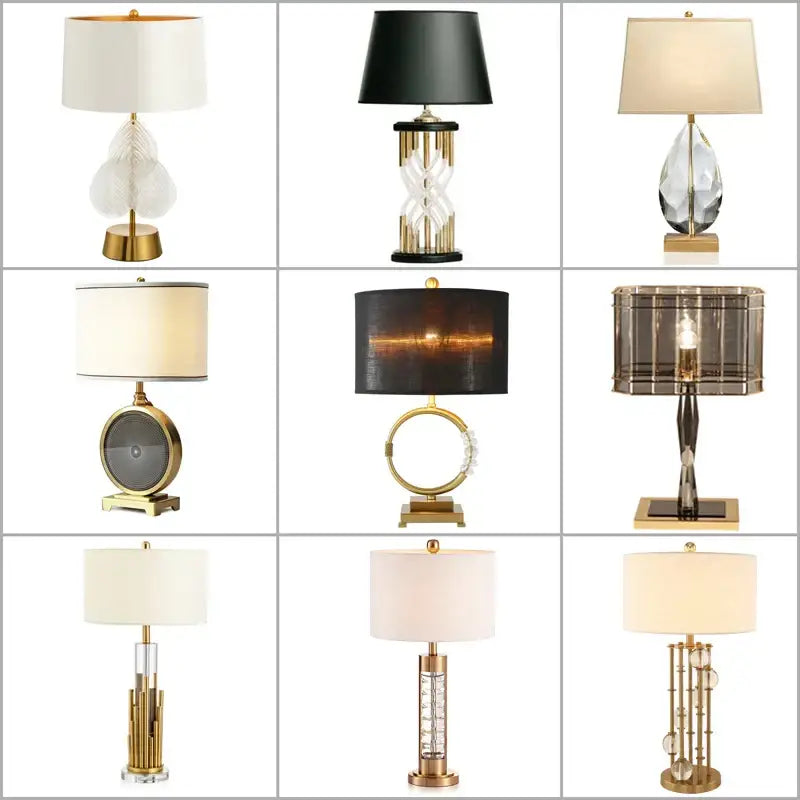 A collection of nine nordic crystal table lamps with brass accents and white black or beige lampshades for bedroom use