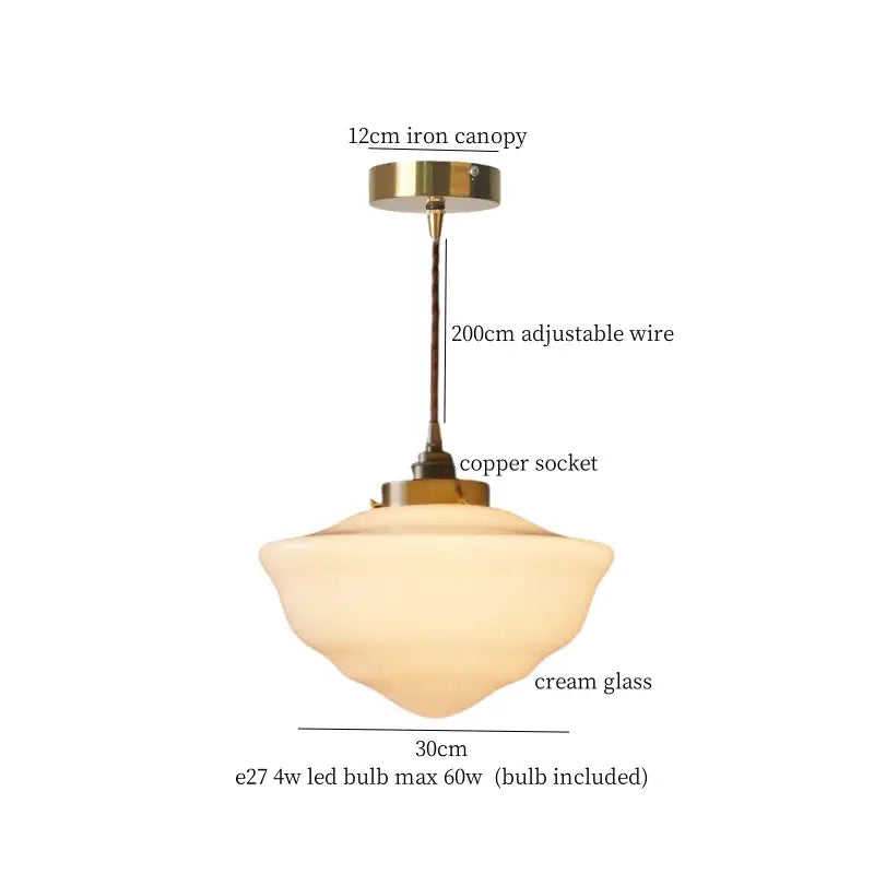 Cream glass led pendant lamp with brass iron canopy and copper socket for Nordic bedroom lighting