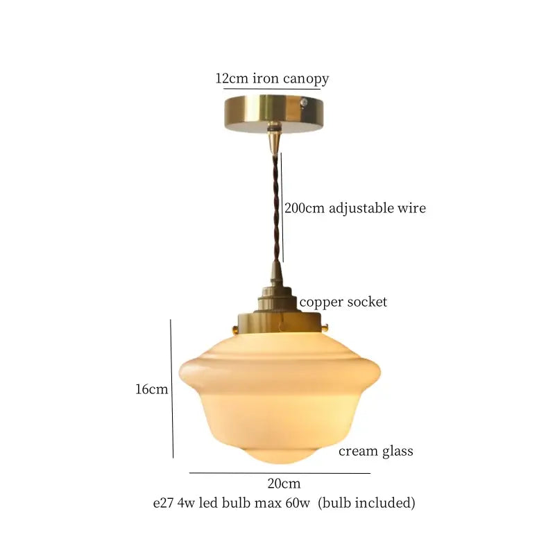 Cream glass led pendant lamp with brass iron canopy, copper socket, and adjustable wire for bedroom lighting