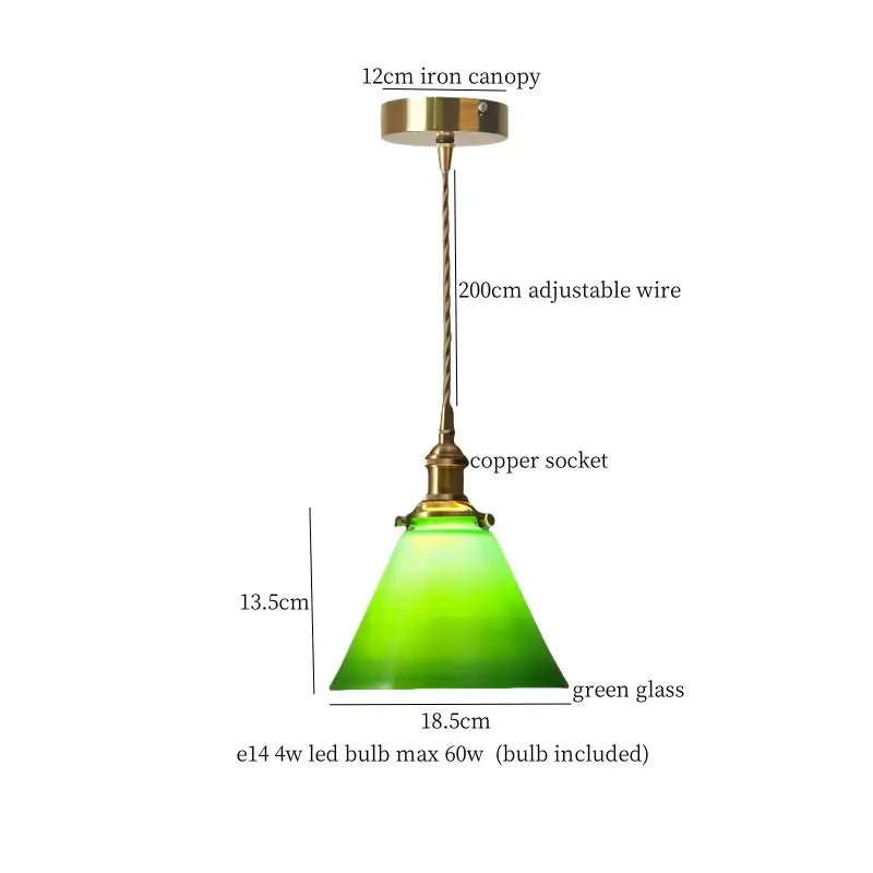 Green glass led pendant lamp with brass-finished iron canopy and copper socket for nordic bedroom lighting