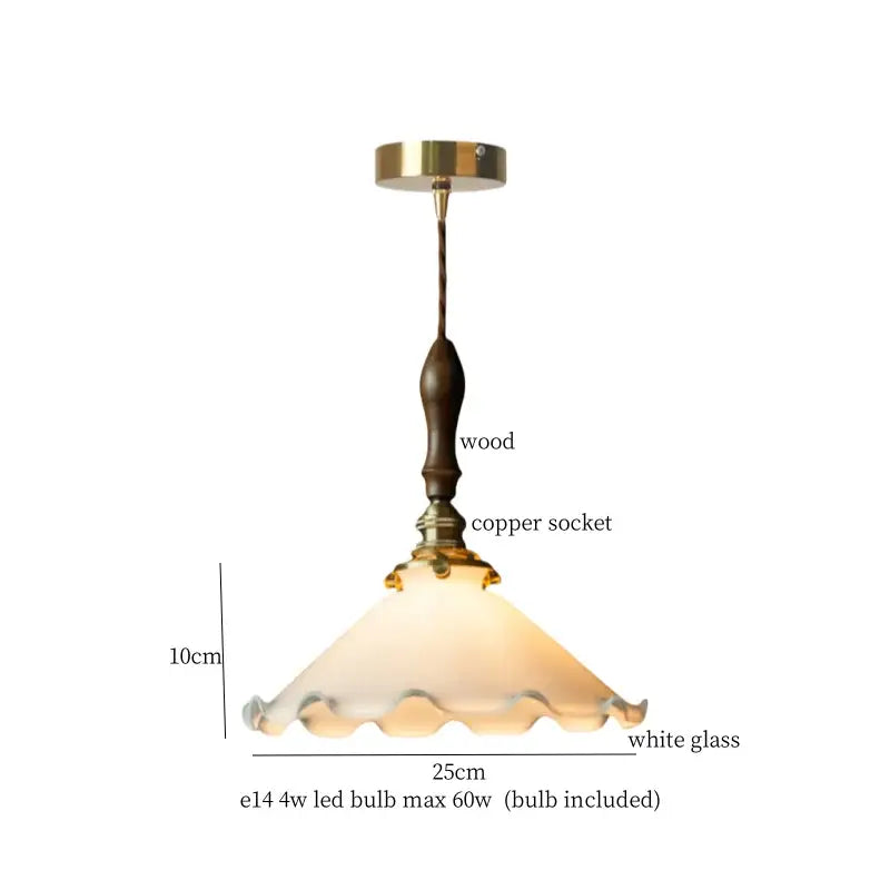 Vintage-style nordic frosted glass led pendant lamp with dark wood stem brass accents and scalloped white glass shade