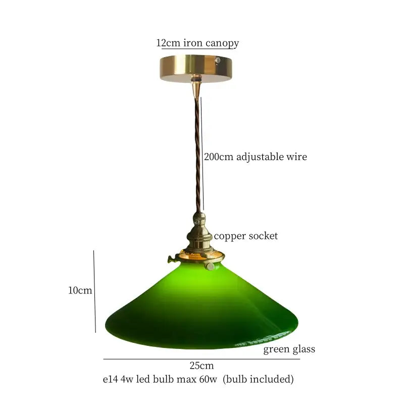 Nordic frosted glass led pendant lamp with wide green shade, brass canopy, and adjustable twisted wire suspension