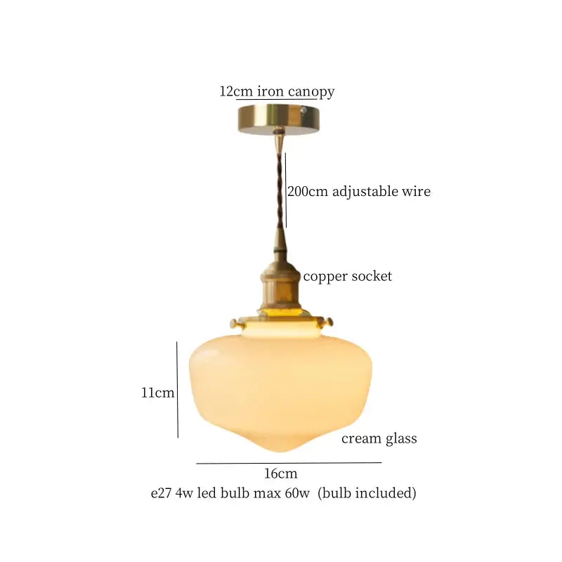 Nordic frosted glass led pendant lamp with brass canopy, adjustable copper wire, and cream glass shade for bedrooms
