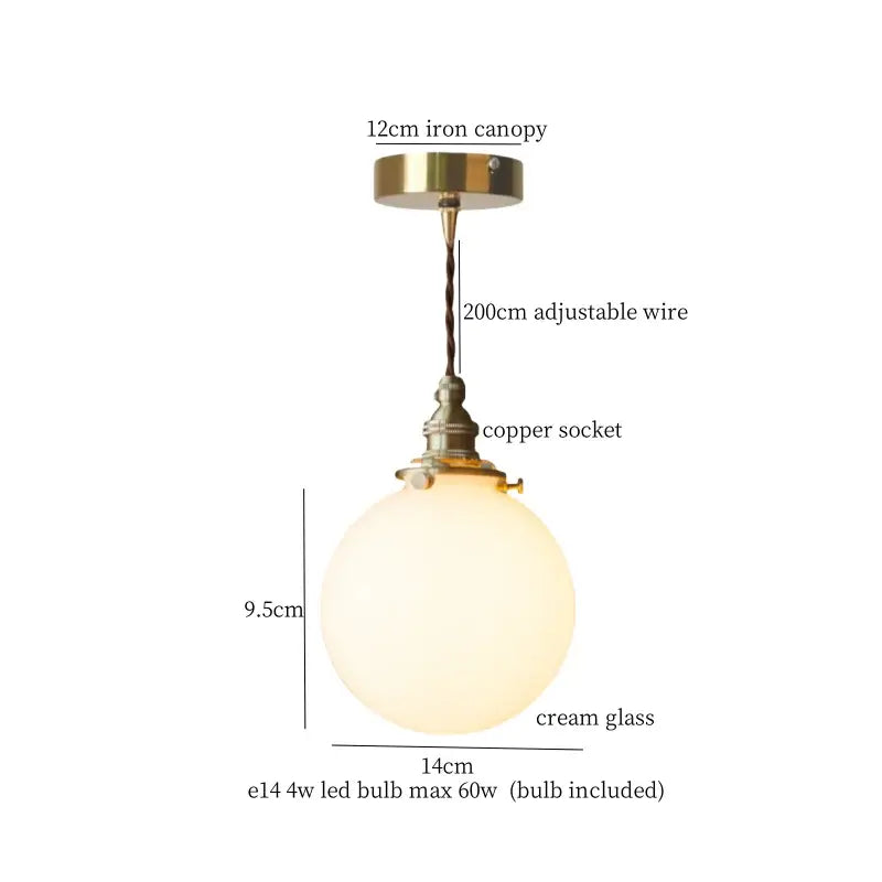 Nordic frosted glass led pendant lamp with cream glass globe and brass canopy, adjustable wire pendant lamp for bedroom
