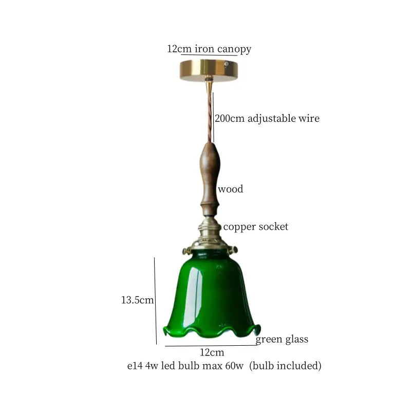Vintage-style green glass led pendant lamp with brass canopy wooden handle and copper socket for bedroom lighting