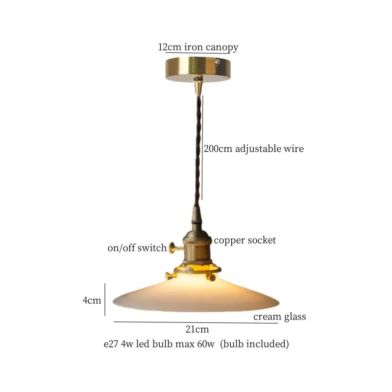 Nordic frosted glass led pendant lamp with brass iron canopy copper socket and cream glass shade for bedroom lighting