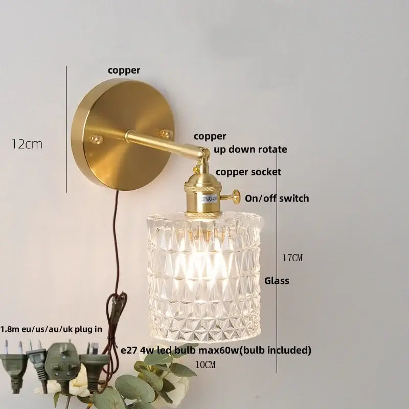 Gold-toned copper nordic brass led wall sconce with faceted glass shade and adjustable arm for bedroom decorbites brass led