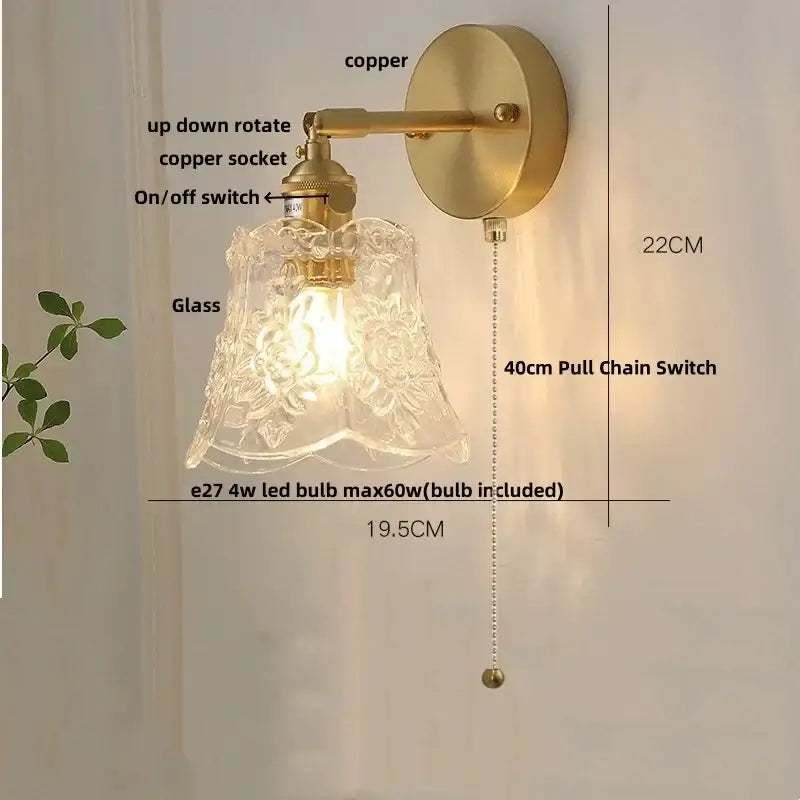 Nordic gold brass led wall sconce with antique brass finish clear etched glass shade and 40cm pull chain switch for decorbites brass led wall