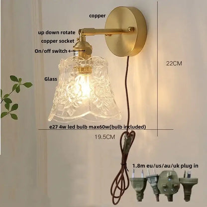 Antique brass finish nordic gold brass led wall sconce with adjustable arm and clear etched floral glass shade for bedroom decorbites brass led
