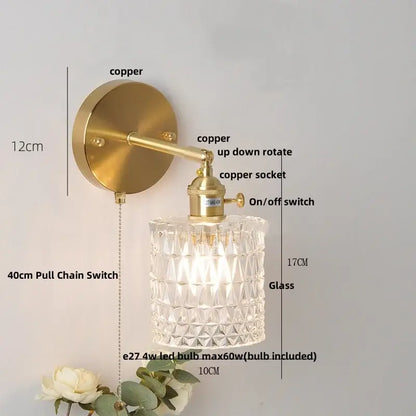 Nordic gold brass led wall sconce with clear faceted glass lampshade and copper-finished decorbites brass led pull chain switch