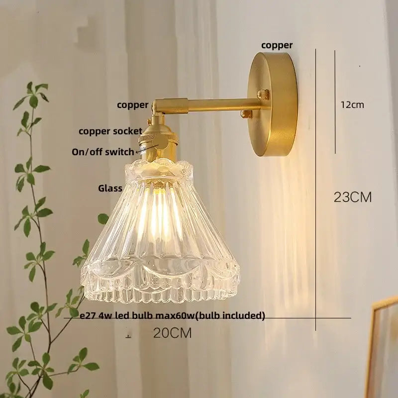 Nordic gold brass led wall sconce with adjustable copper arm and fluted glass shade for bedroom decorbites brass led wall